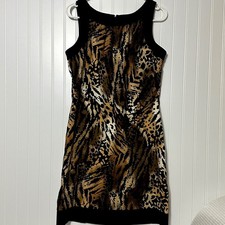 AB Studios Animal Print Shift Dress Womens Med Brown Black Excellent Sleeveless