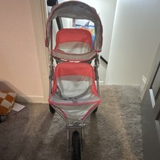 Pink & Gray Doll Stroller Pram with Canopy and Storage Basket