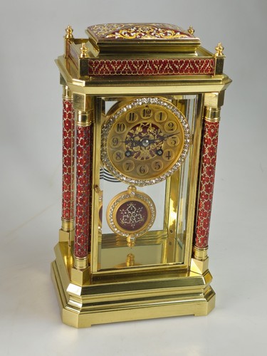 Rare Large Antique Champleve Enamel 4 glass mantel clock Restored Fratelli - Picture 4 of 24