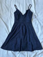 Windsor Navy Glitter Fit & Flare V-Neck Strappy Short Dress Party Size M