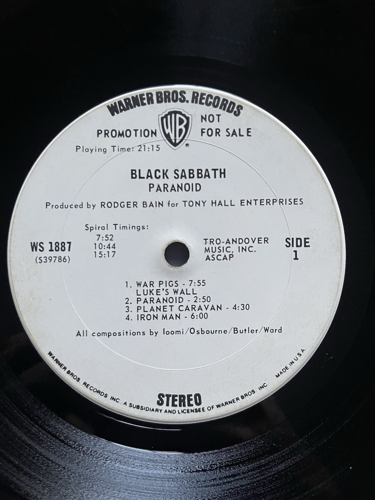 Black Sabbath Paranoid Metal LP Warner Bros. White Label