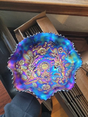 WOW Electric Purple Northwood Carnival Glass Good Luck Pattern Ruffled Bowl