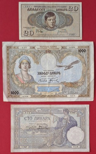 1000 Dinara 1931 Yugoslavia 100 Dinara 1929 20 Dinara 1939 BANKNOTES Three Piece - Picture 3 of 7