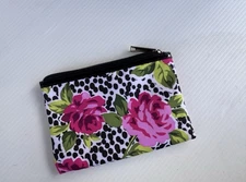 Modella Floral Cosmetic Makeup Bag Zipper Pouch Pink Black Roses EXCELLENT