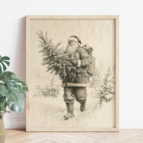 Impresión de pintura de árbol de Navidad vintage, impresión de arte navideño de Papá Noel, antiq... - Imagen 3 de 6