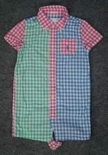 Ralph Lauren Romper Boys 24M Blue Green Pink Gingham Collared One Piece Shortall