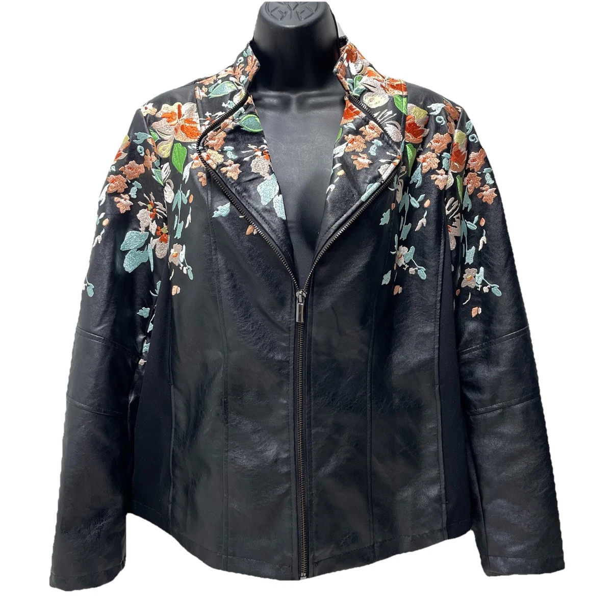 Faux Leather Outer Shell Motorcycle Jacket Floral Coats, Jackets