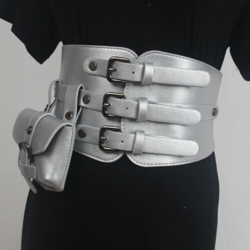 Lady Faux Leather Corset with Pocket Buckle Waist Belt Wide Waistband Punk Retro - Picture 15 of 17