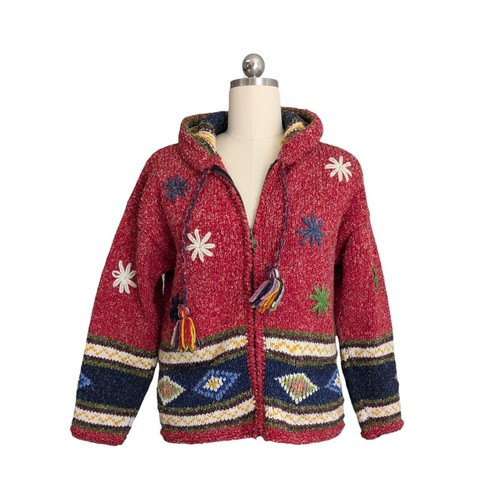 Handmade Cardigan Hoodie Sweater Wool Boho Hippie Multicolor Zip Chunky Red Blue