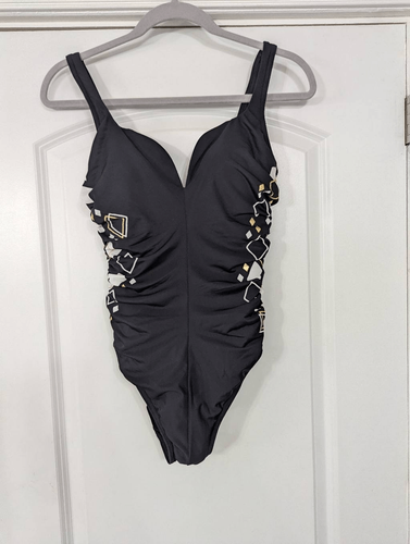 Miraclesuit Bathing Suit women's size 12 black/white one piece slimming ruching