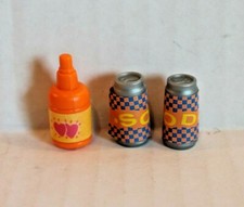 Dollhouse Miniature Orange Drink Bottle and 2 Soda Cans Food Groceries