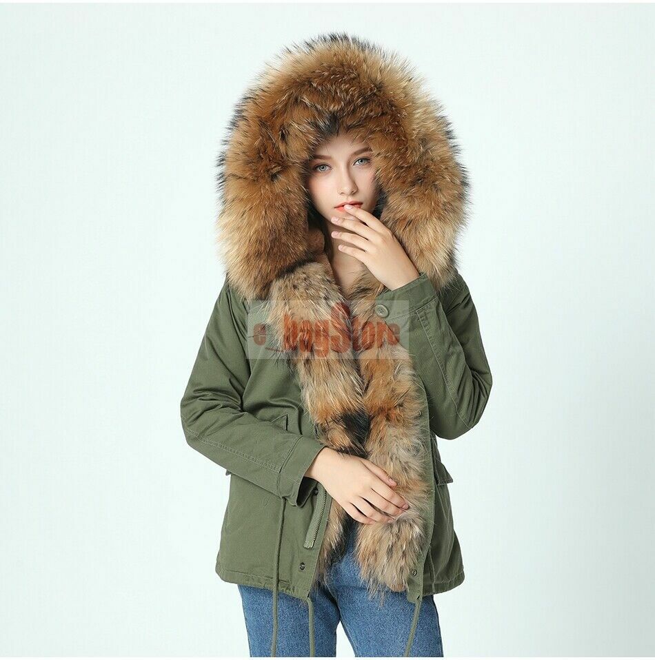 Women's Large Real Raccoon Fur Coat Hood Jacket Winter Warm Short Parka ...