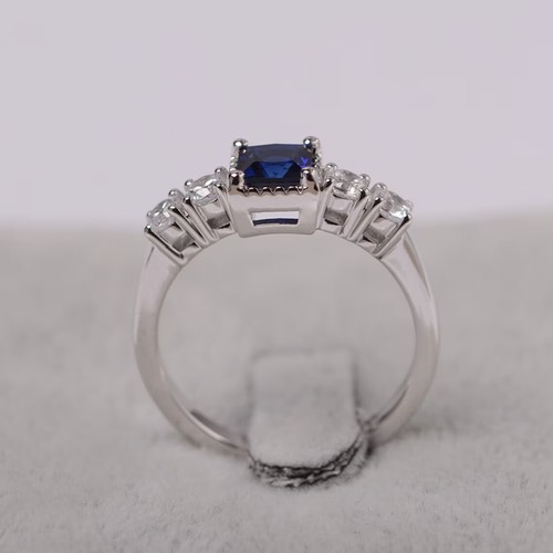 Blue Sapphire Women Ring Square Lab Created Gemstone 925 Sterling Silver Ring - Picture 4 of 5