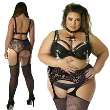 True Plus Size 14-36 Fishnet Tights Stockings Crotchless Mock Suspender BBW