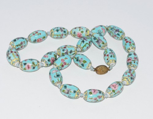 VINTAGE CHINESE FAMILLE ROSE VERTE PORCELAIN ENAMEL LOTUS FLOWER NECKLACE 25" - Picture 17 of 17