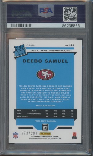 2019 Panini Donruss Optic Football Deebo Samuel #167 RC Rookie Aqua /299 PSA 9 - Picture 2 of 2