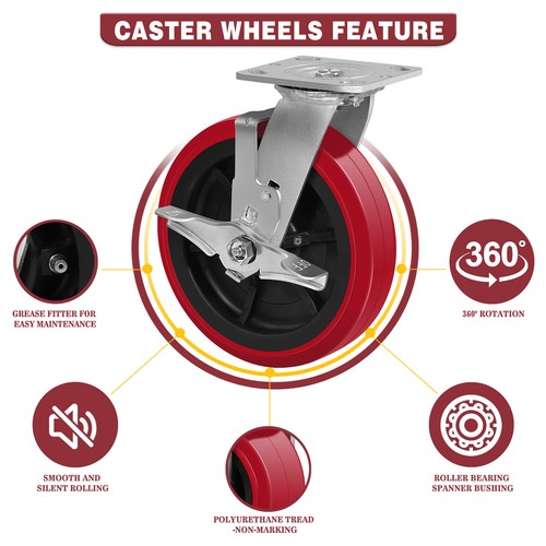 8 Inch Polyurethane Tread Caster Wheels Heavy Duty,Capacity 1200-4800LB - Picture 10 of 61