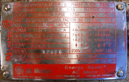GE MOTORS, AC MOTOR, 5KS184BCT205, HP 5, PHASE 3, E829, 184T - Picture 2 of 6