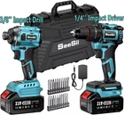 Brushless Cordless Drill & Impact Driver Electric Power Tool Combo Kit 2xBattery