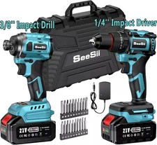 Brushless Cordless Drill & Impact Driver Electric Power Tool Combo Kit 2xBattery
