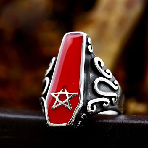 Red Enamel Satan Star Vampire Coffin Ring Stainless Steel Vintage Biker Men Ring - Picture 3 of 5