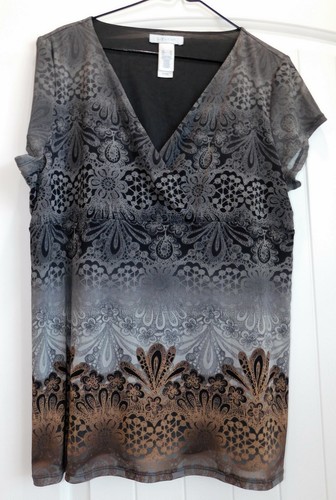 LIZWEAR Gray Black Brown floral print V neck SHORT SLEEVED Knit TOP XL