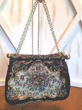 Walborg Floral Tapestry Embroidery Clutch Handbag w/Chain Snap Closure Vintage
