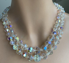 Brilliant Vintage Faceted Clear Crystal2 Strand 16" Necklace Gold Tone Clasp