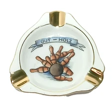 Vtg Porcelain German Bowling Ashtray Or Trinket Dish Phrase Gut-Holz Good Wood