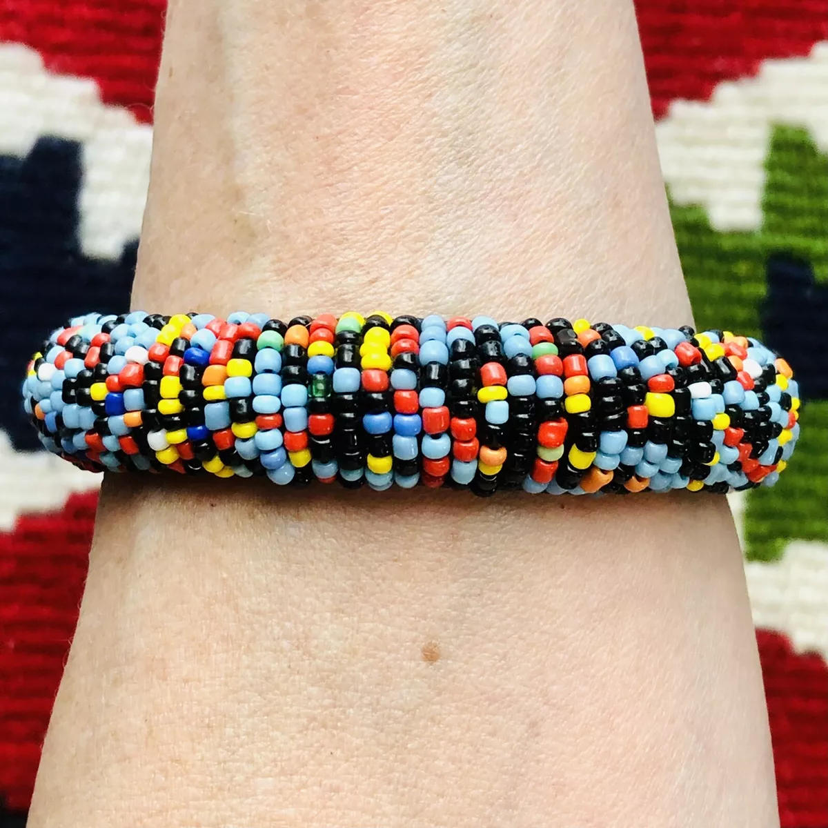 Southwestern Seed Bead Leather Bangle Bracelet Handmade Native American Jewelry
