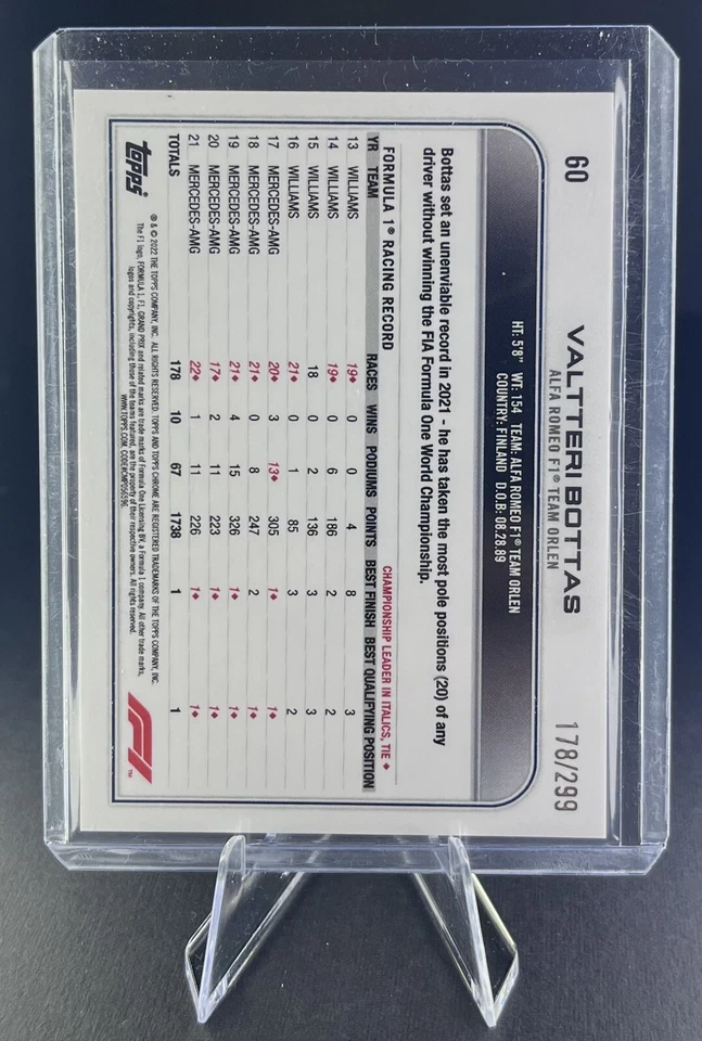 2022 Topps Chrome Formula 1 Valtteri Bottas Mini Diamond Refractor 178/299 #60 - Image 2 of 2
