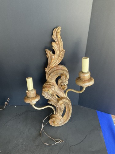 VINTAGE PAIR OF DOUBLE ARM HAND CARVED WOOD Gesso SCONCES - Picture 4 of 13