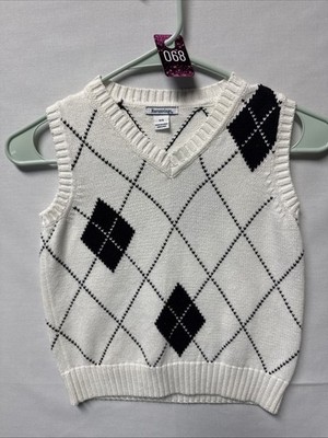 Heartstrings Boy s Sweater Vest 100% Cotton Argyle Sweater White & Navy Size 5/6