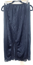 Vintage 90s black Slip midi length skirt lace trim slit nylon sz M