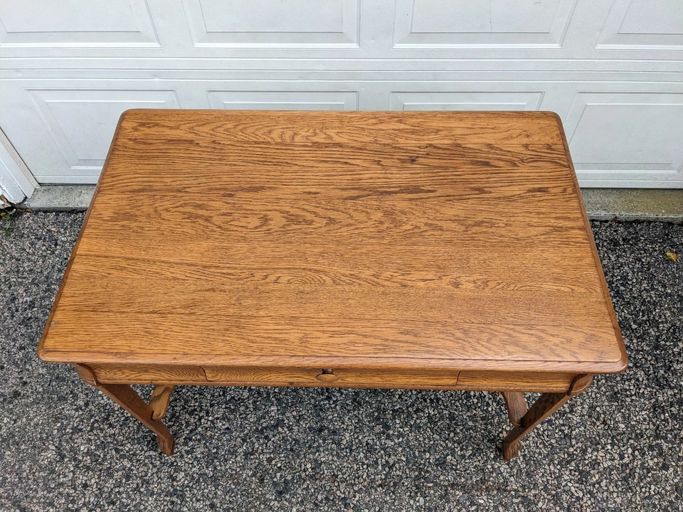 Antique Solid Oak Writing Desk or Library Table, with Drawer, Claw Feet, Casters - Image 3 of 4