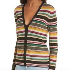 Veronica Beard, Keke Striped Ribbed Cardigan, Multi, V-Neck, S  Chic
