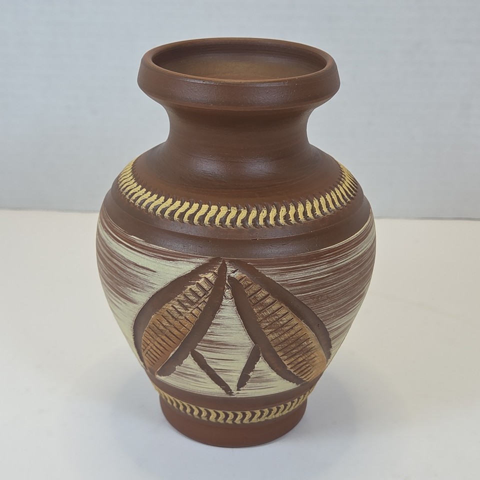 Vintage West German Pottery Vase Handarbeit Carved Mid Century 15cm - 6in