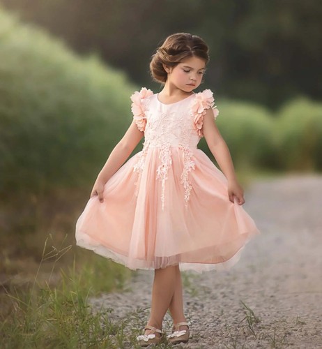 Trish Scully Gr. 7 Bianca Kleid Satinkleid Tüll Spitze 3D Blumen Pfirsich Rosa - Bild 1 von 11