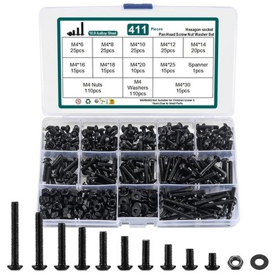 Muttern und Schrauben Set, 411-tlg schwarz Zylinderschrauben mit Innensechskant Unterlegscheiben Set M4 schwarz