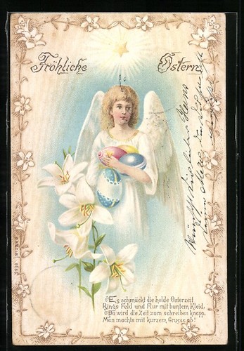 Osterengel mit bunten Eiern, Fröhliche Ostern, Ansichtskarte 1900