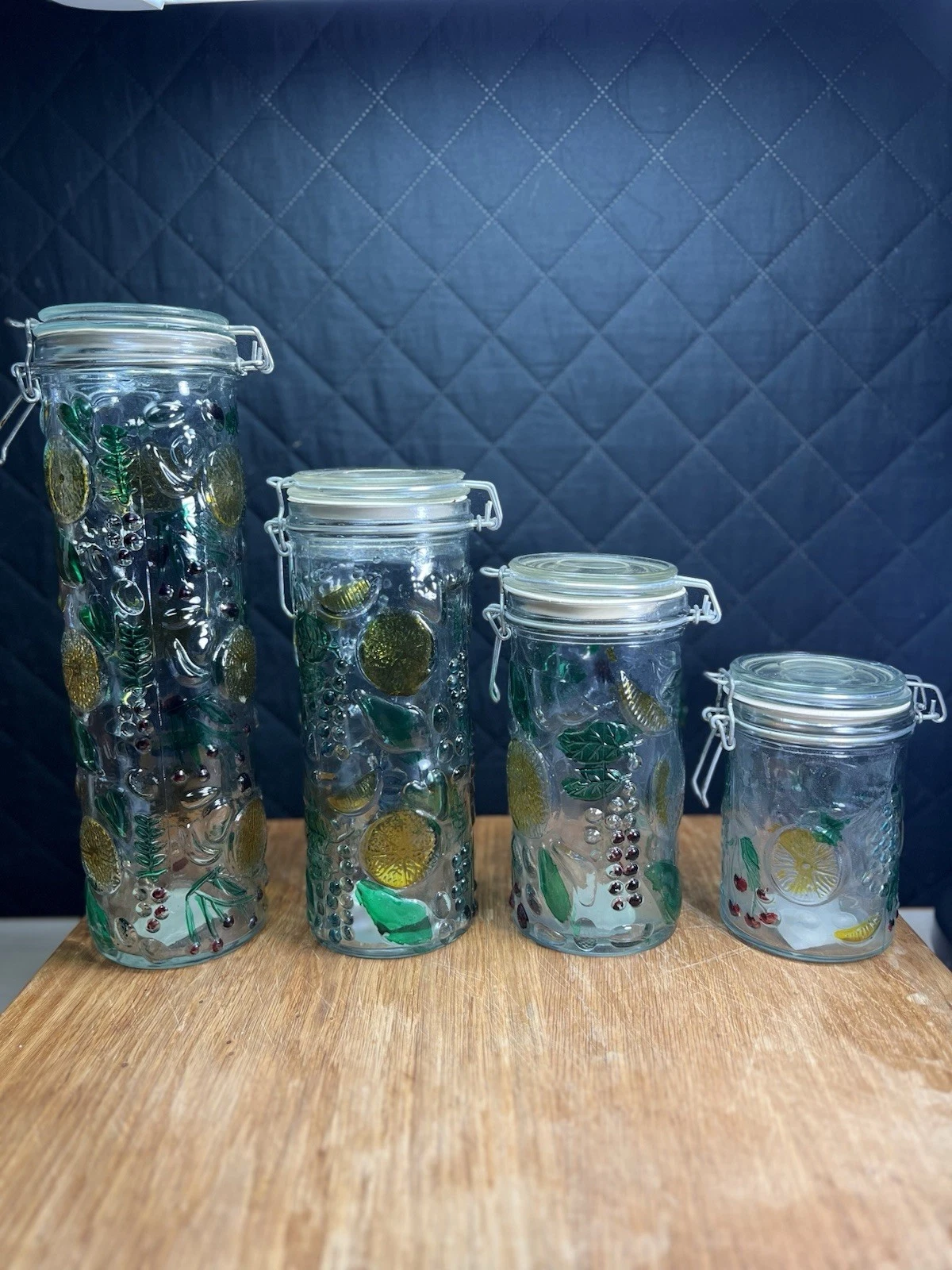 Vintage, Glass Canistes, 4 Jar Set –Fruit Embossed