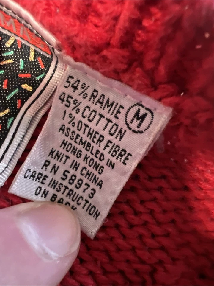 Vintage Christmas Sweater Woman's M Red Textured Cardigan *MISSING BUTTON* - Image 4 of 4