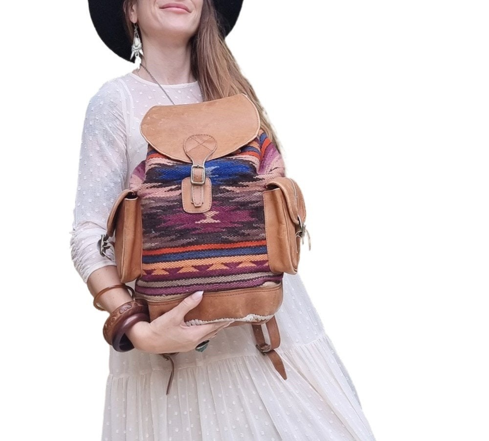 Extra Large Aztec Blanket Leather Backpack, South… - image 2
