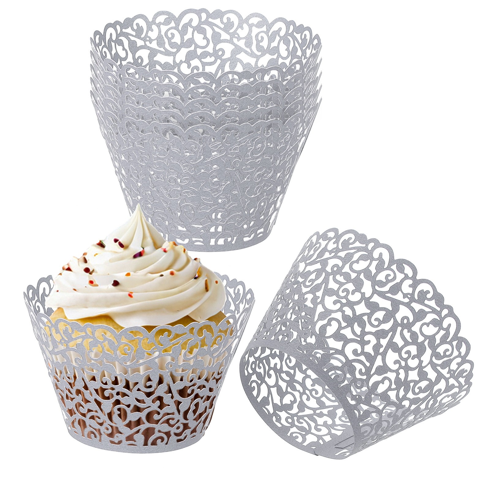 Cupcake Wrappers Paper, 50 Pack Baking Cups Standard Vine Decor, Grey-image