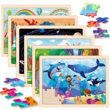 6 Packs Wooden Puzzles for Ages 4-6, 60 Piece Wood Dinosaur Animals Jigsaw Pu...