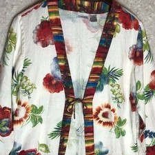 Chicos White Linen Floral Tie Front Jacket Size 1 Medium Striped Trim Boho