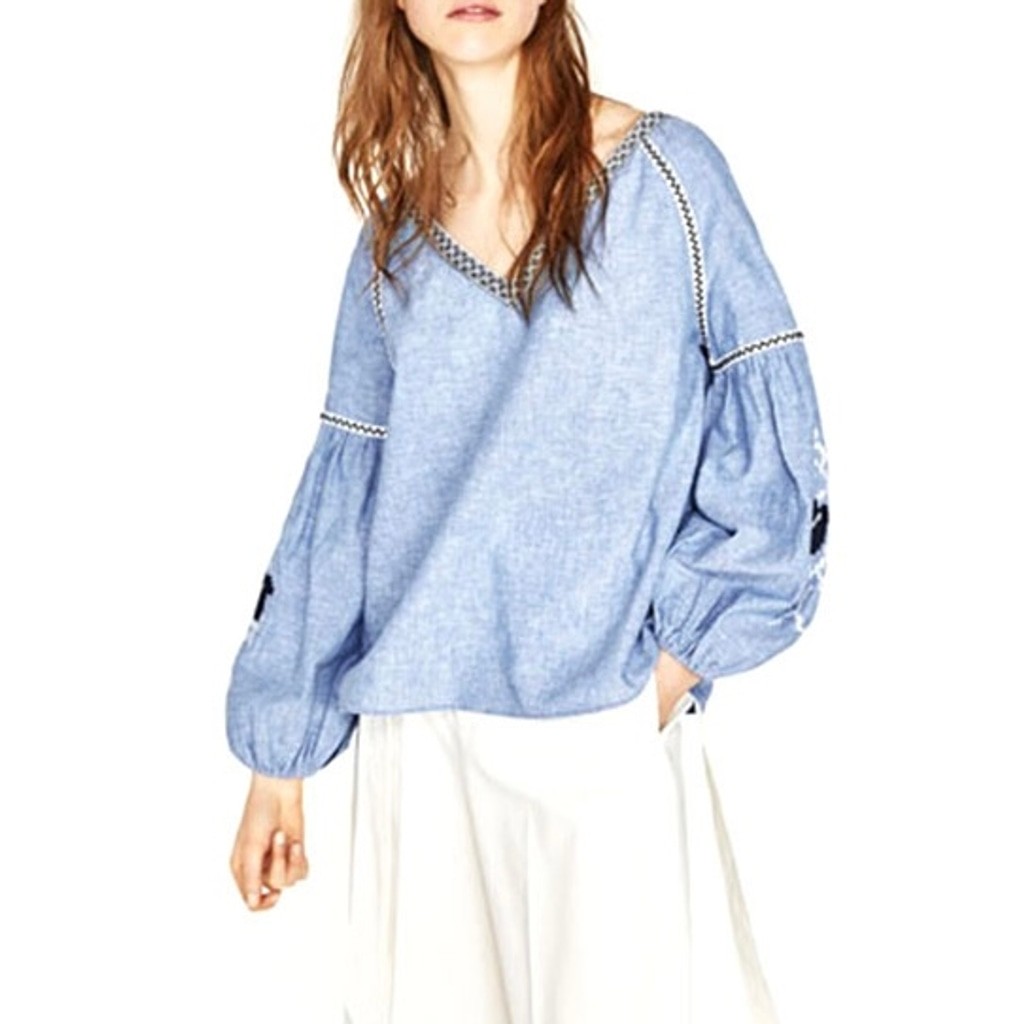 Zara Basic Collection Peasant Blue Embroidered Bl… - image 1