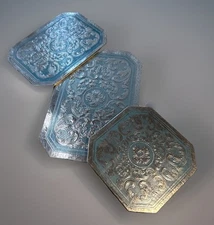VTG Set 3 Blue Silver Foil Trivet Hot Plate Pad Cardboard Embossed 1950 Kitchen