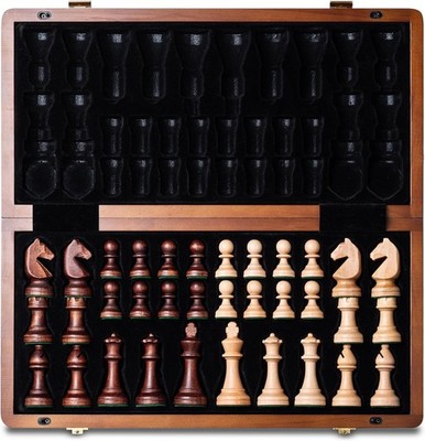 Portable Magnetic Wooden Chess Set, 3'' King, Folding Travel Board