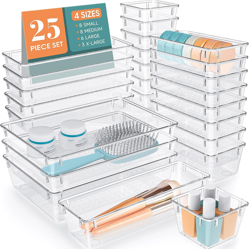 25 PZ Set Organizzatore Cassettiera Plastica Trasparente, 4 Misure Organizzatore Divisorio Cassetti Scrivania - Foto 8 di 12